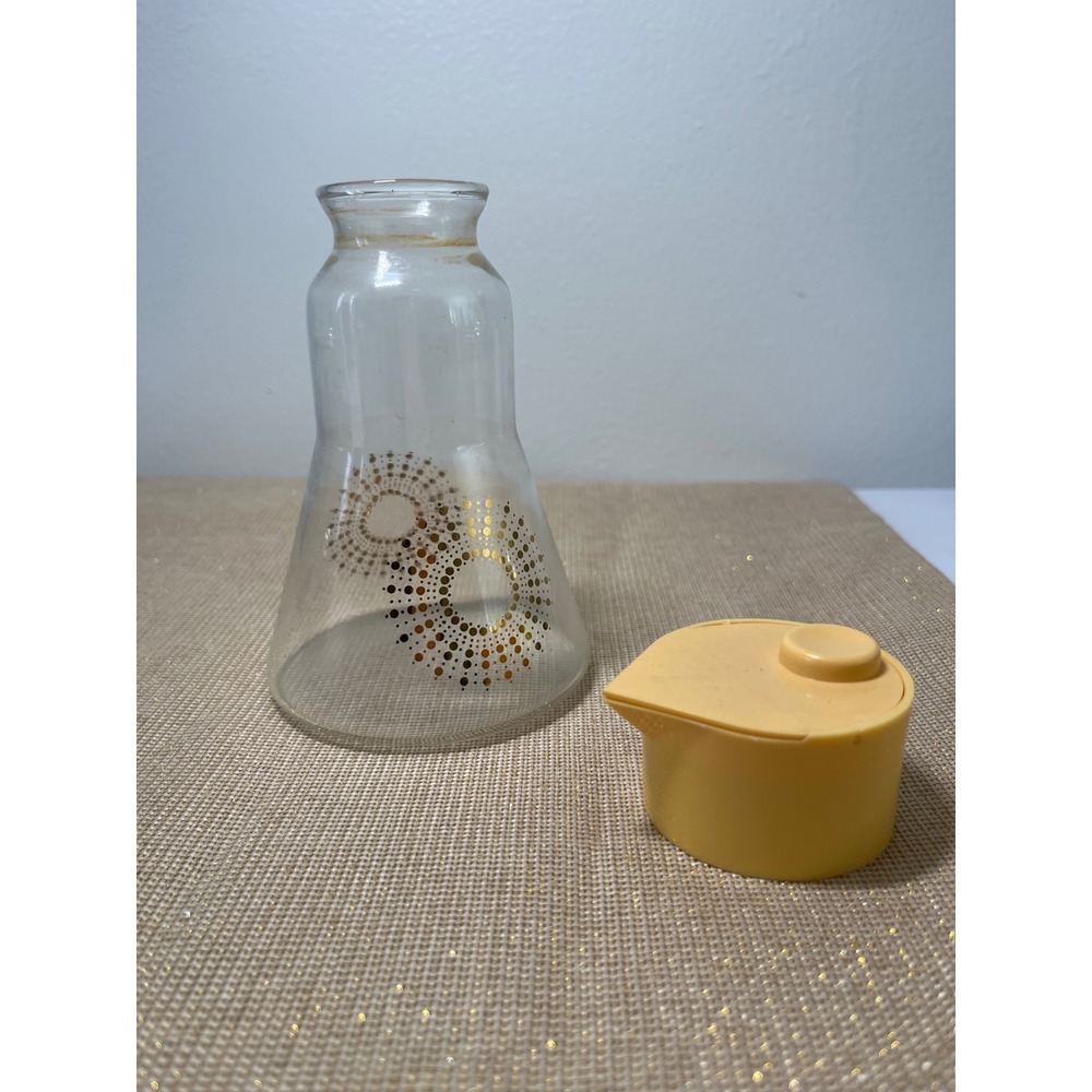 Vintage Glass Pitcher Carafe Yellow Lid Geometric Sunburst Pattern Mid Century